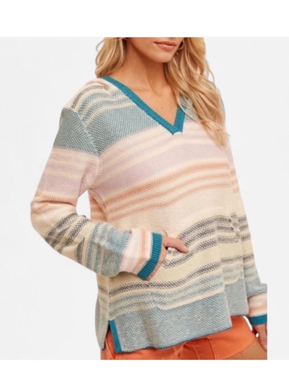 Hem & Thread Pastel Striped V-Neck Hoodie Sweater